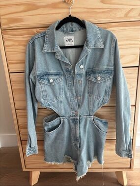 ZARA Light Blue Denim Cutout Romper Jacket